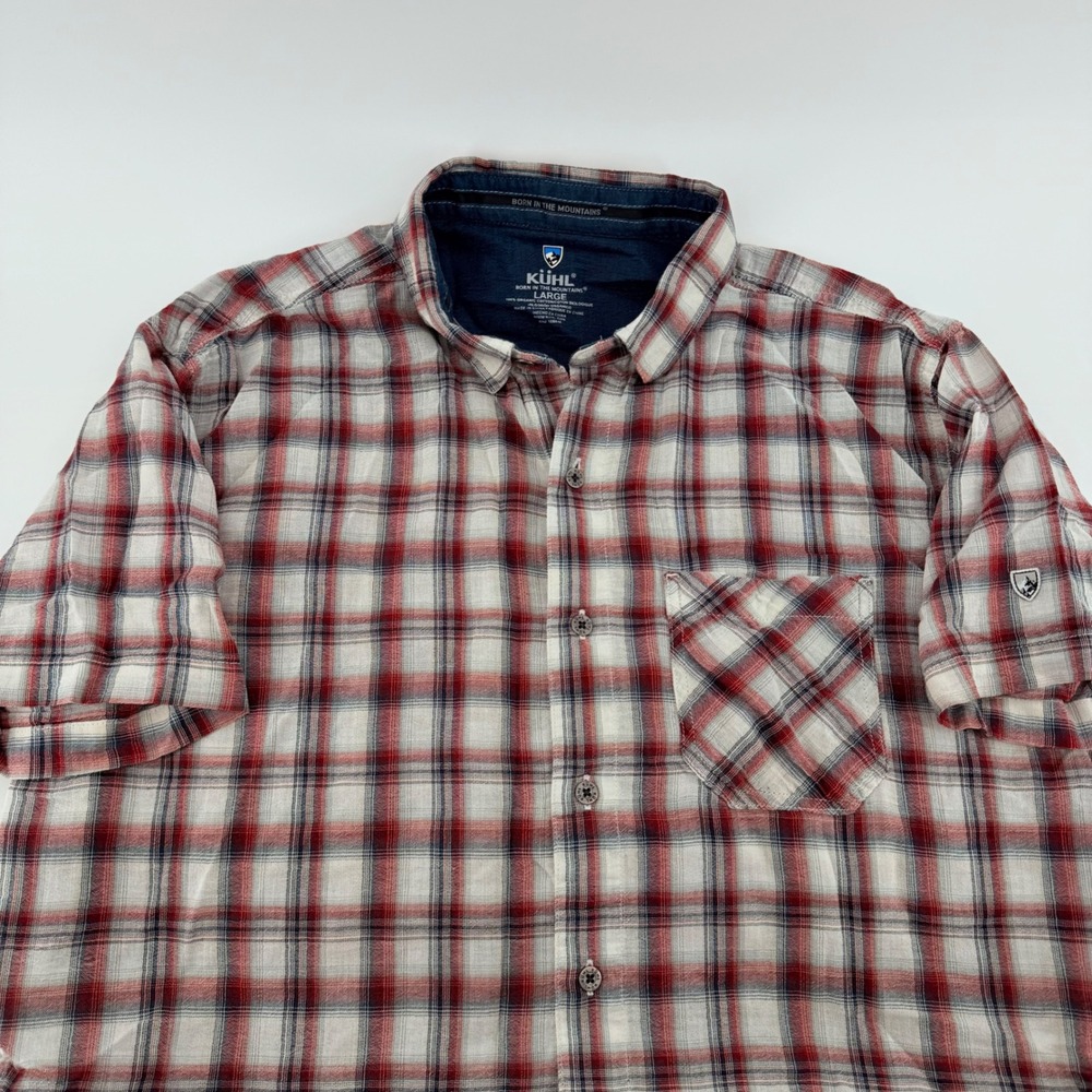 Kuhl 7174 Plaid Short Sleeve Button Down Shirt Organic Cotton Large Red White